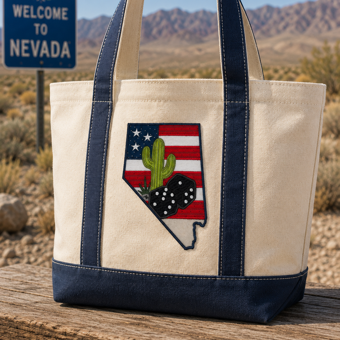 Tote bag with Nevada design in a desert setting with 'Welcome to Nevada' sign.