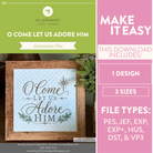 Promotional graphic for a downloadable quilt design with the phrase 'O Come Let Us Adore Him.' The left side shows a framed preview of the design, while the right side lists included file types and download details.