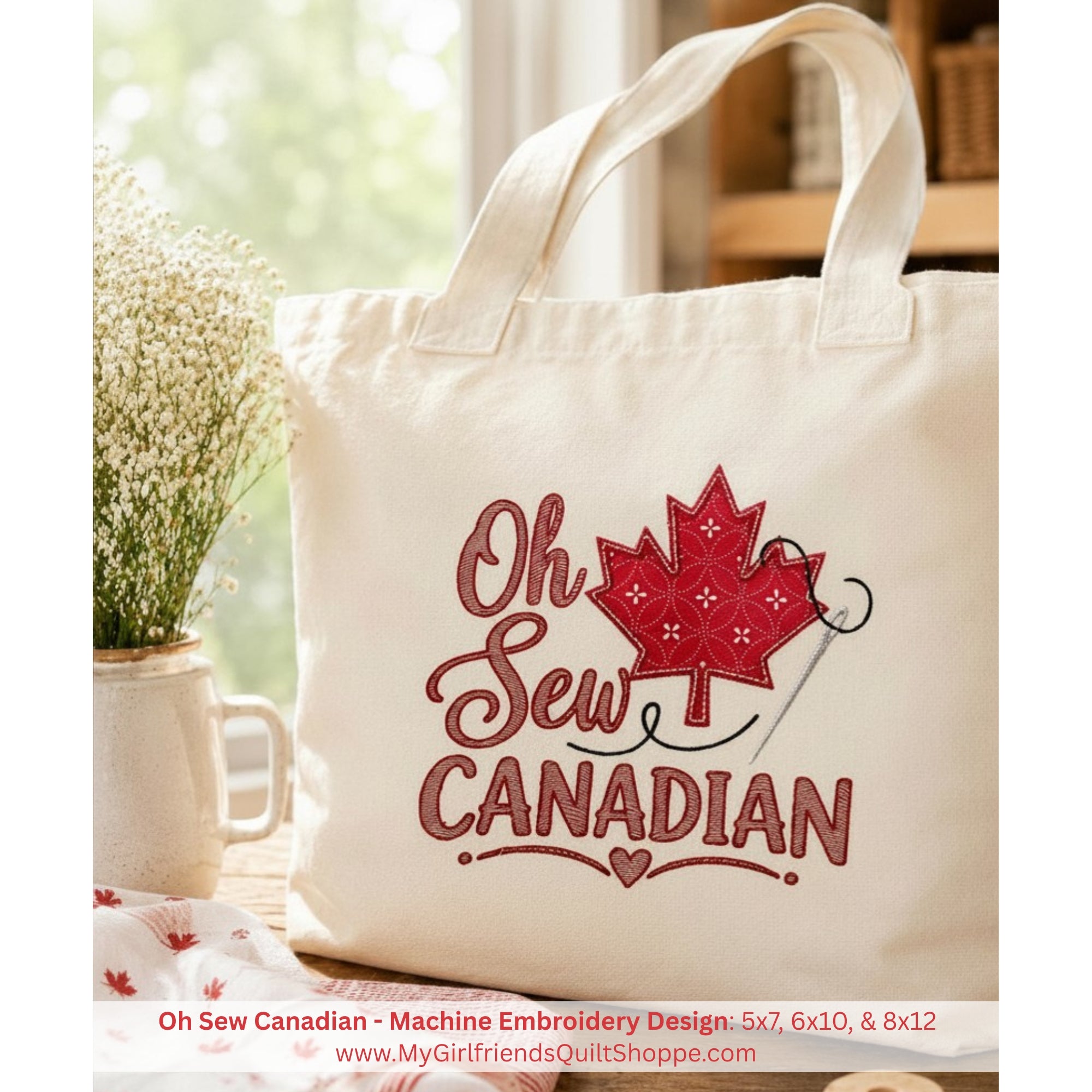 Tote bag with 'Oh Sew Canadian' design featuring a red maple leaf and text.