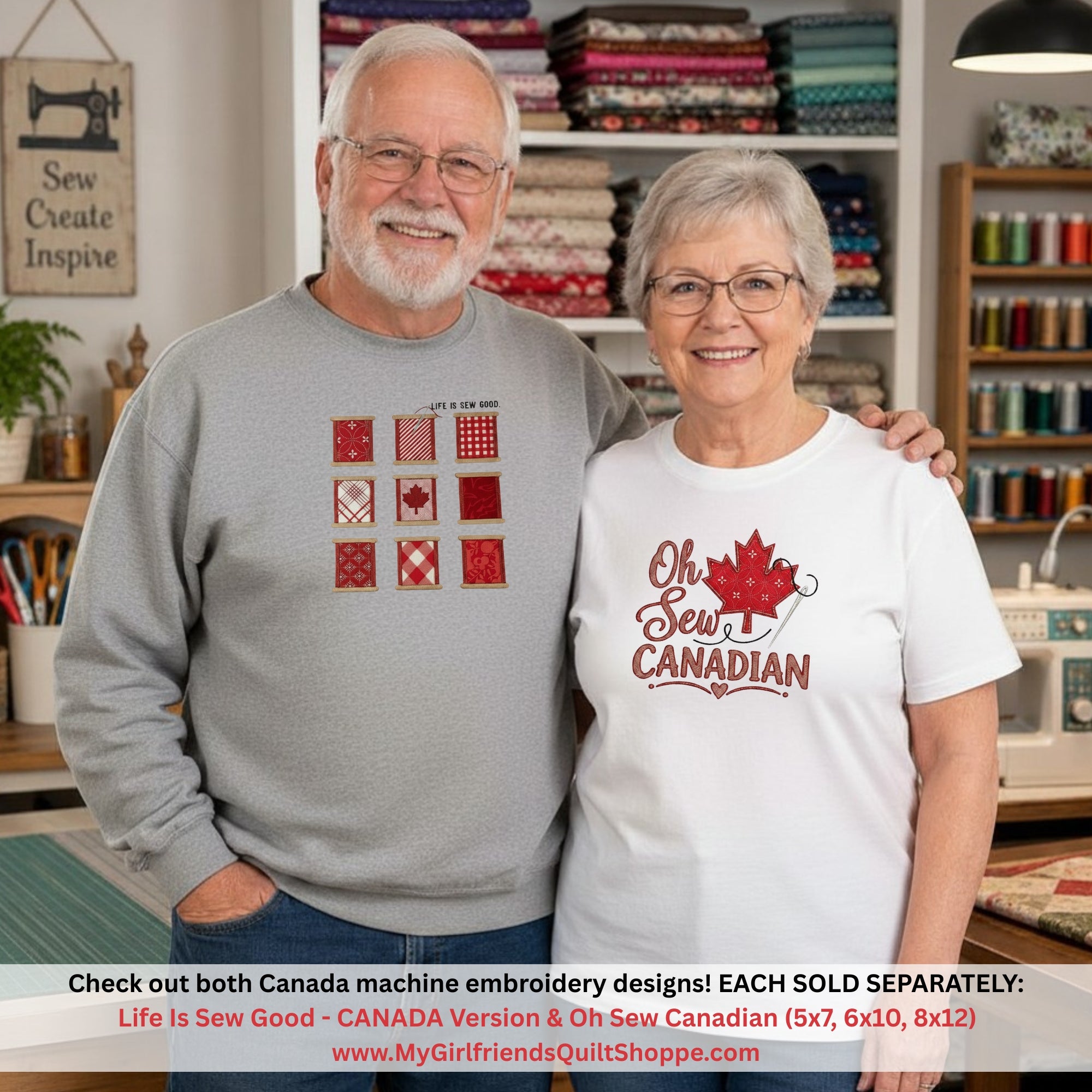 Man and woman standing together in a sewing room with embroidery designs displayed.