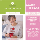 Promotional image for 'Oh Sew Canadian' machine embroidery design with a woman holding a mug.