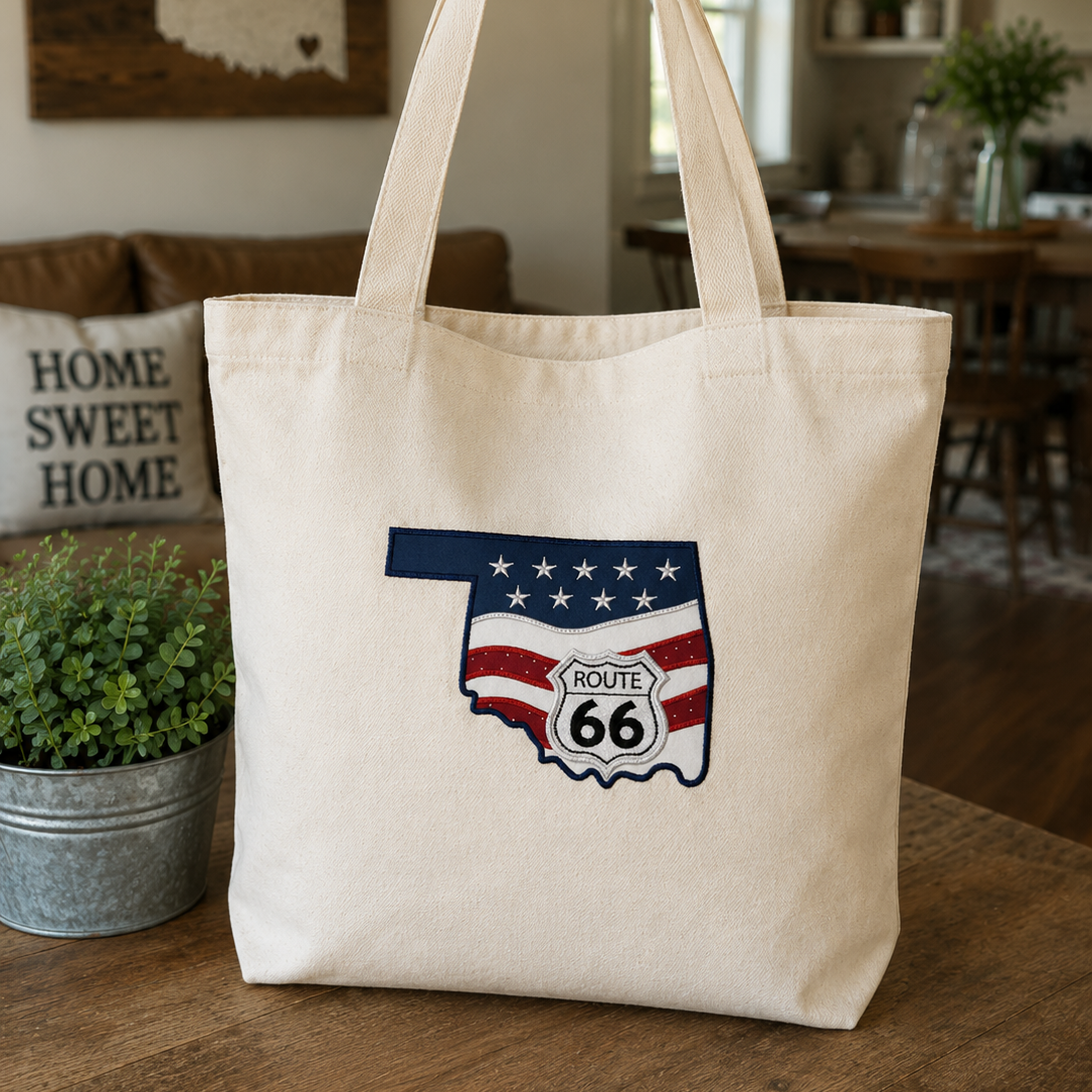 Tote bag with Oklahoma design on a wooden table in a home setting