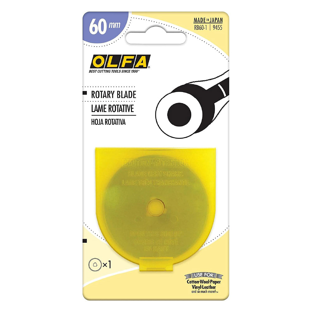OLFA rotary blade packaging with yellow blade and white background