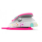 Pink and gray iron with colorful design on a white background