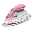 Pink and white iron with colorful design on a white background
