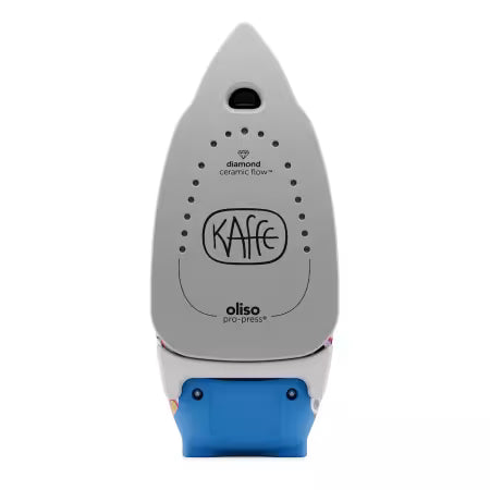 Gray iron with blue base and 'Kaffe' branding on a white background