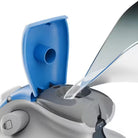 Close-up of a medical device with a blue and gray design on a white background