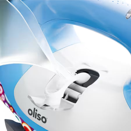 Close-up of a scooter with 'oliso' branding on a white background