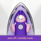 Purple iron with pink accents on a white background