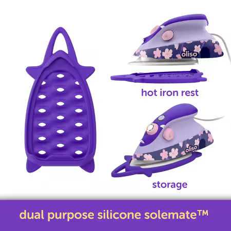 Purple iron with floral design, hot iron rest, and storage case on a white background