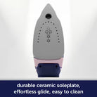 Gray iron with text about durable ceramic soleplate on a white background