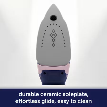 Gray iron with text about durable ceramic soleplate on a white background