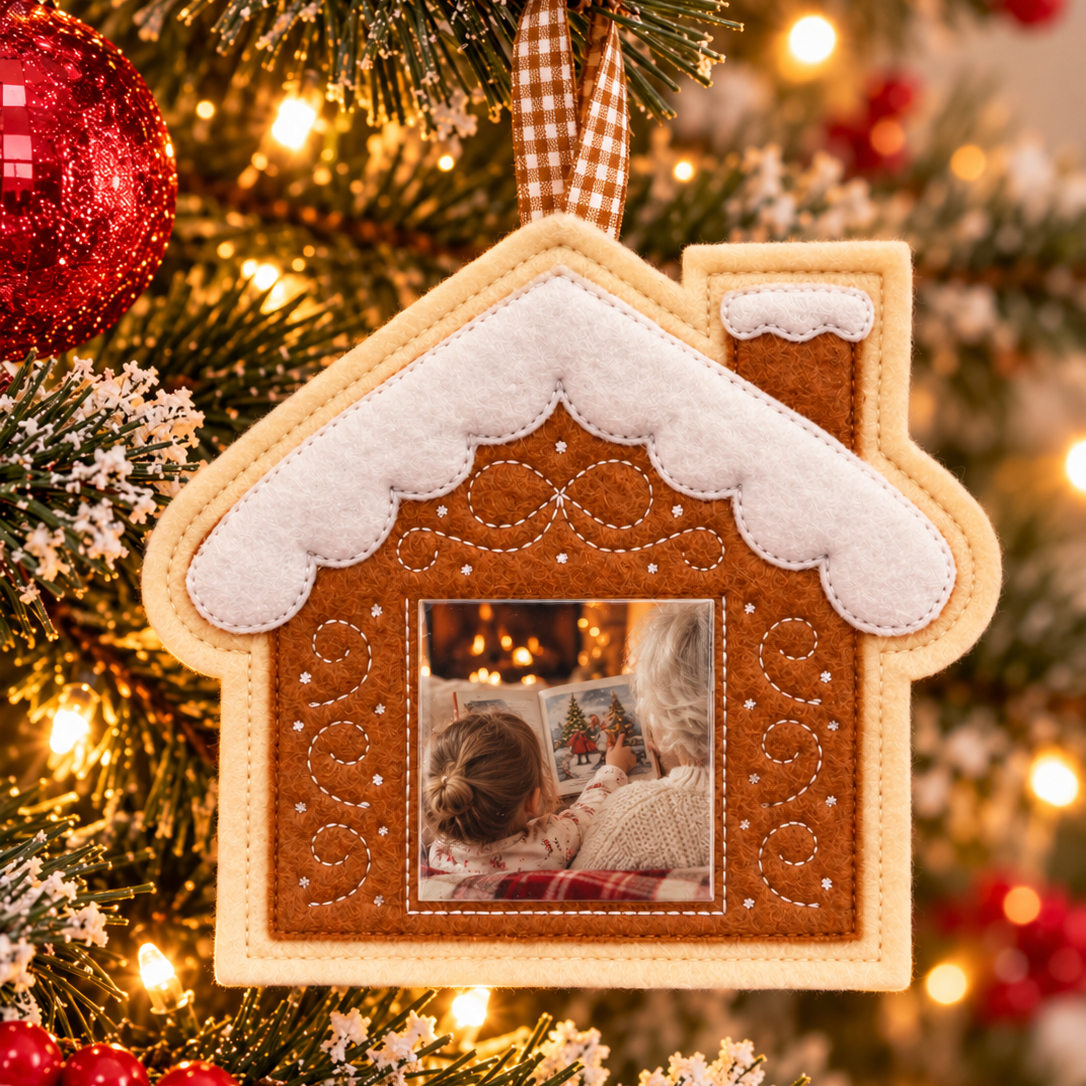 A gingerbread house shaped Christmas ornament hanging on a decorated Christmas tree. The ornament has a tan and brown stitched design with white faux snow on the roof, a small window showing a photo of children, and a gingham ribbon at the top.