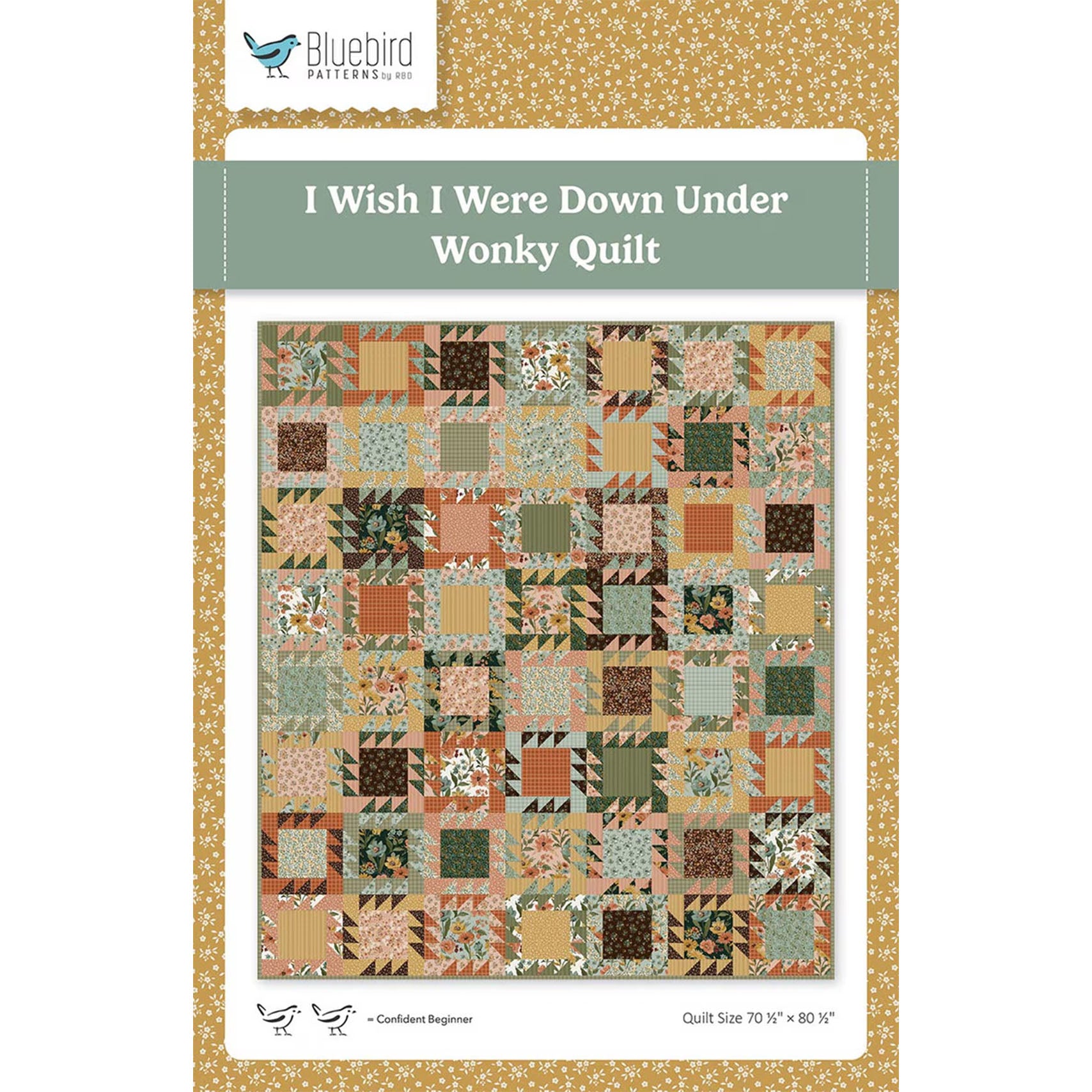 Wonky quilt pattern packaging with a patchwork design and 'Bluebird Patterns' branding.