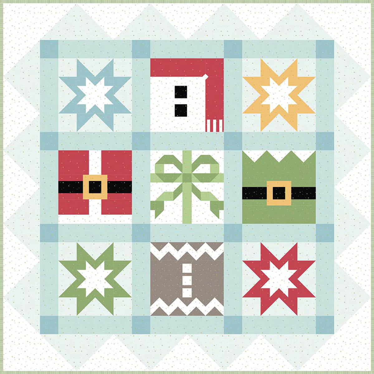 Quilt block with star and geometric patterns on a light blue background