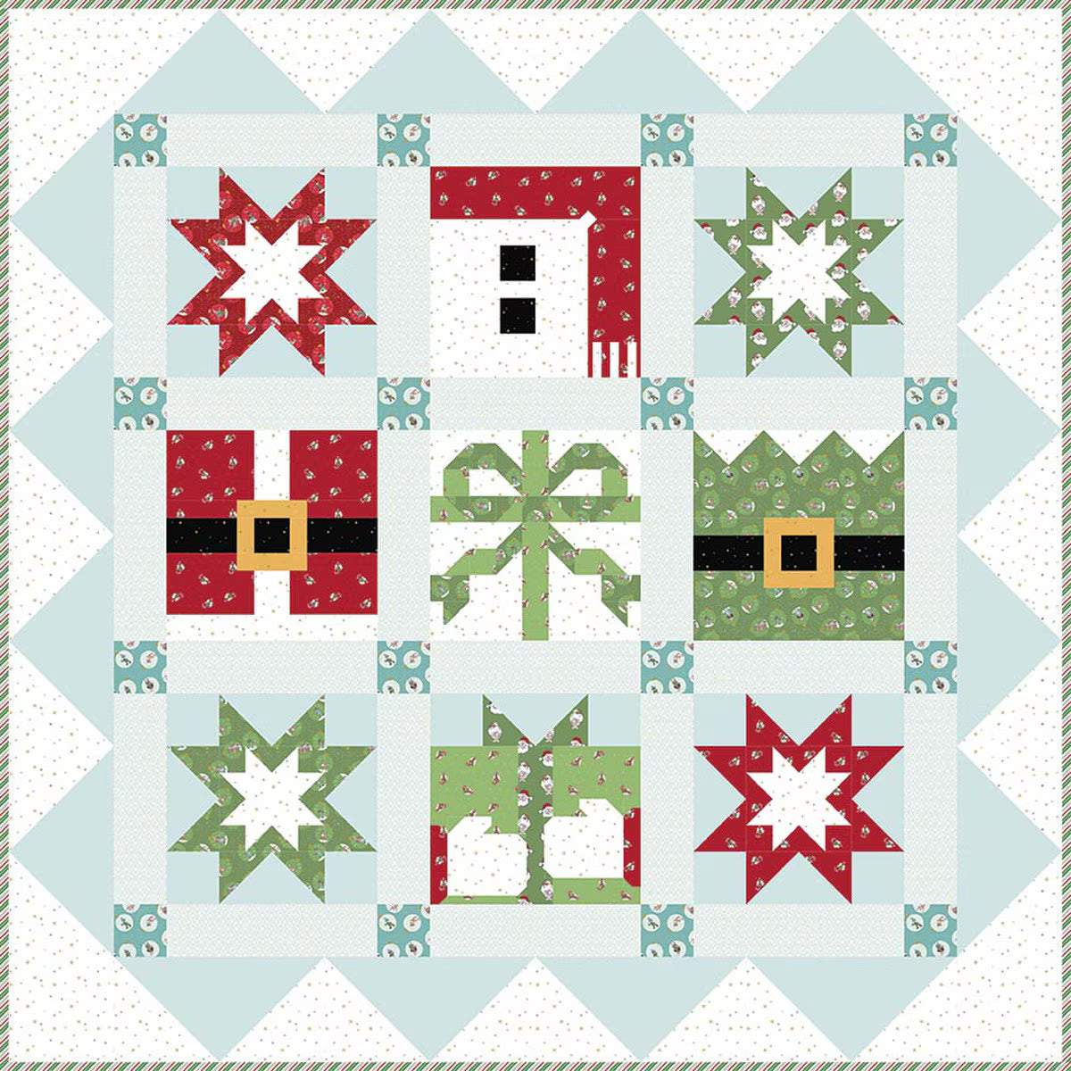 Quilt pattern with Christmas-themed blocks featuring stars, houses, and bows.
