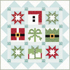 Quilt pattern with Christmas-themed blocks featuring stars, houses, and bows.