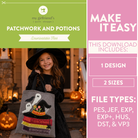 Promotional graphic for a downloadable patchwork and potions Halloween tote bag design. A smiling girl in a black witch hat and dress holds the gray tote decorated with a black witch, white ghost, orange potion bottle, and colorful books.