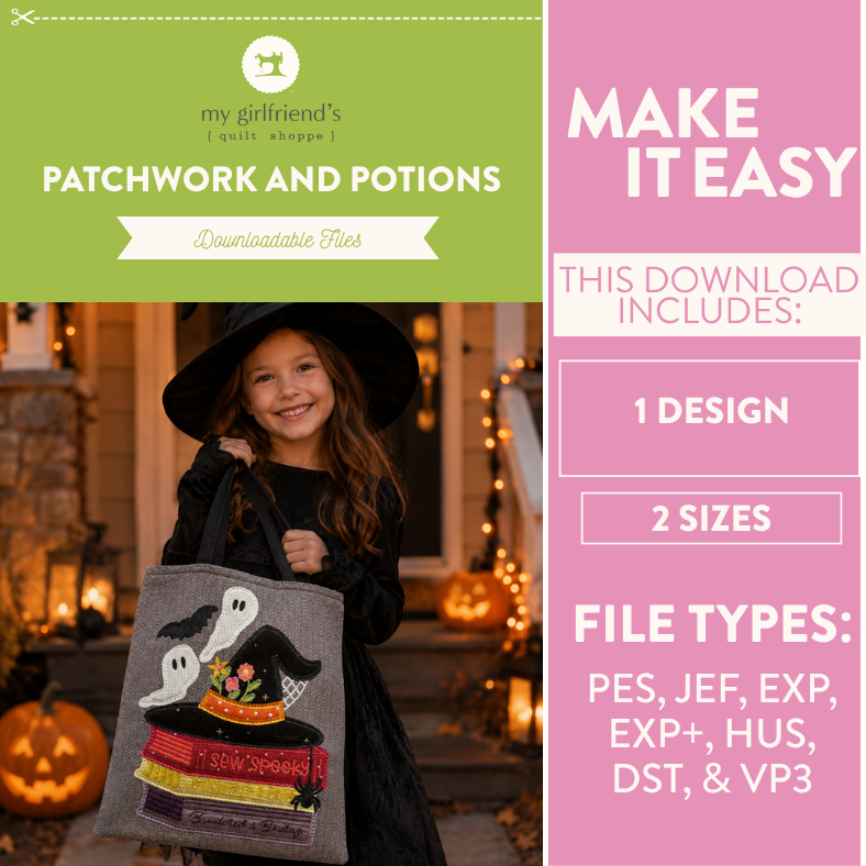 Promotional graphic for a downloadable patchwork and potions Halloween tote bag design. A smiling girl in a black witch hat and dress holds the gray tote decorated with a black witch, white ghost, orange potion bottle, and colorful books.