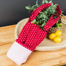 Red patterned cloth wrapped around a plant on a wooden surface with lemons.