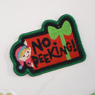 Embroidered patch with 'No Peeking!' text on a white background