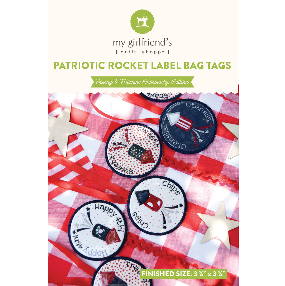 Packaging of patriotic rocket label bag tags with red and white checkered background
