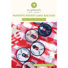 Packaging of patriotic rocket label bag tags with red and white checkered background