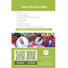 Instructions for making a tag with fabric and other materials, featuring a QR code and branding at the bottom.