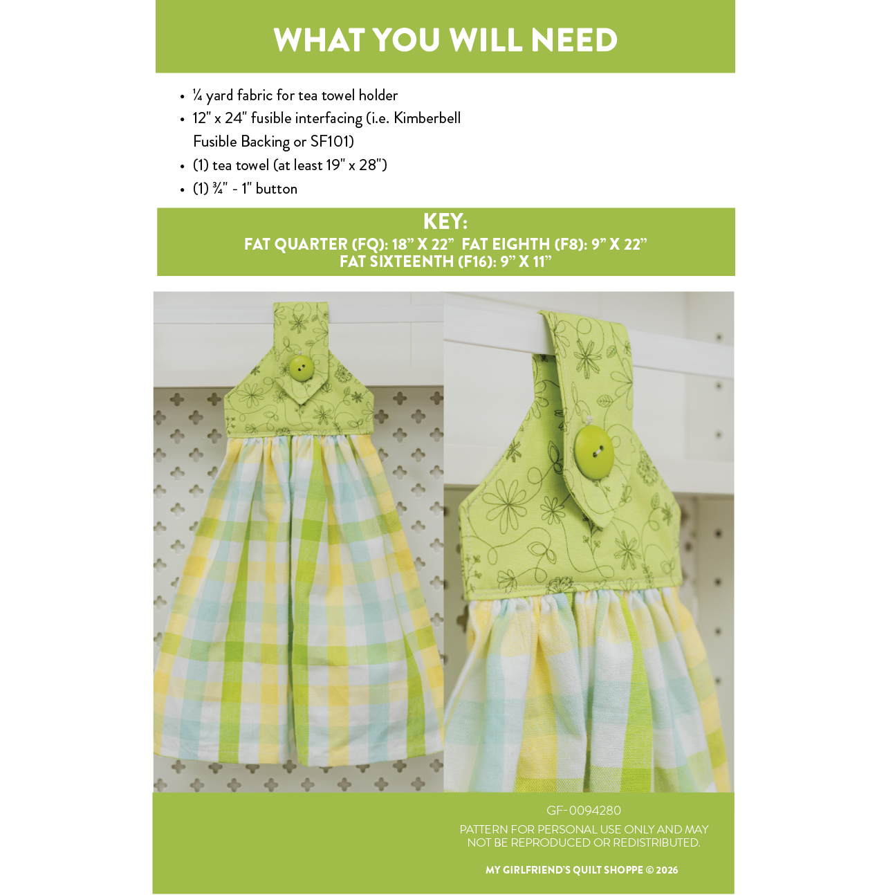 Pattern for a green fabric tea towel holder with checkered fabric on a white background