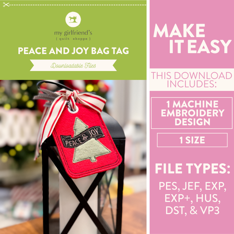 Peace and Joy bag tag with downloadable files for machine embroidery on a green and pink background.