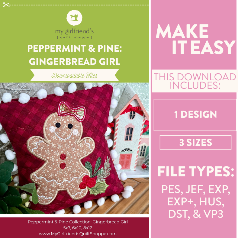 Promotional graphic for a downloadable quilting pattern titled 'Peppermint & Pine: Gingerbread Girl' by my girlfriend's quilt shoppe. The left side shows a finished quilted gingerbread pillow in red plaid with a stitched gingerbread figure and holiday accents.