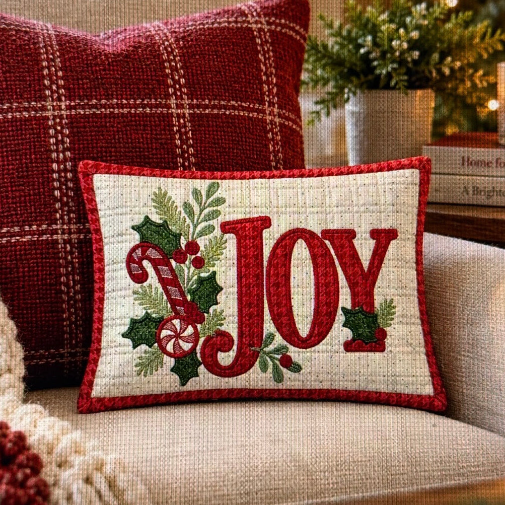 A square Christmas throw pillow with the word 'JOY' in red embroidered letters, surrounded by green holly leaves and red candy canes on a cream fabric background. The pillow is styled on a beige couch next to a red plaid pillow, with a cozy holiday background.
