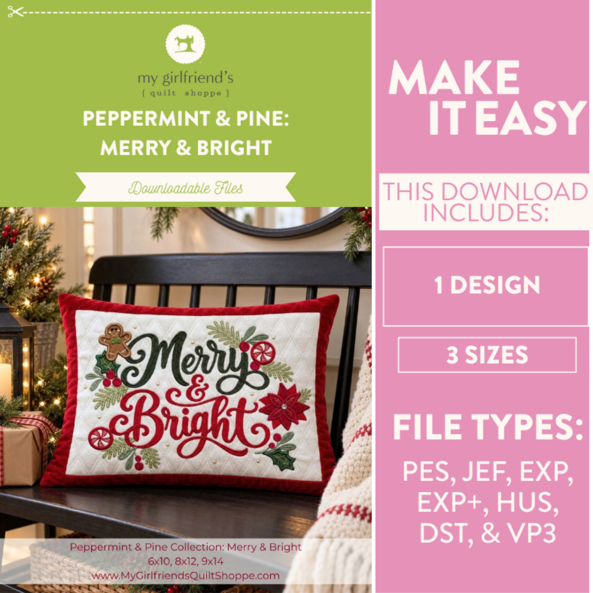 Promotional graphic for a downloadable quilting design titled 'Peppermint & Pine: Merry & Bright' by my girlfriend's quilt shop. The left side shows a finished quilted pillow with a red border and festive holiday embroidery, placed on a dark wooden chair in a decorated living room.