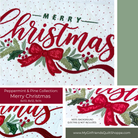 A collage showing embroidered-style Christmas lettering and holly motifs on a quilted fabric background. The main panel reads “MERRY Christmas” in red script with green holly leaves, red berries, and a large red bow.