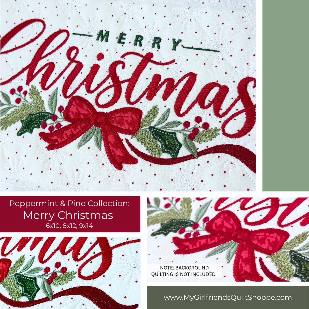 A collage showing embroidered-style Christmas lettering and holly motifs on a quilted fabric background. The main panel reads “MERRY Christmas” in red script with green holly leaves, red berries, and a large red bow.