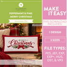 Promotional graphic for a downloadable Christmas pillow design. The left side shows a festive living room scene with a red and white 'Merry Christmas' throw pillow in front of a decorated Christmas tree.