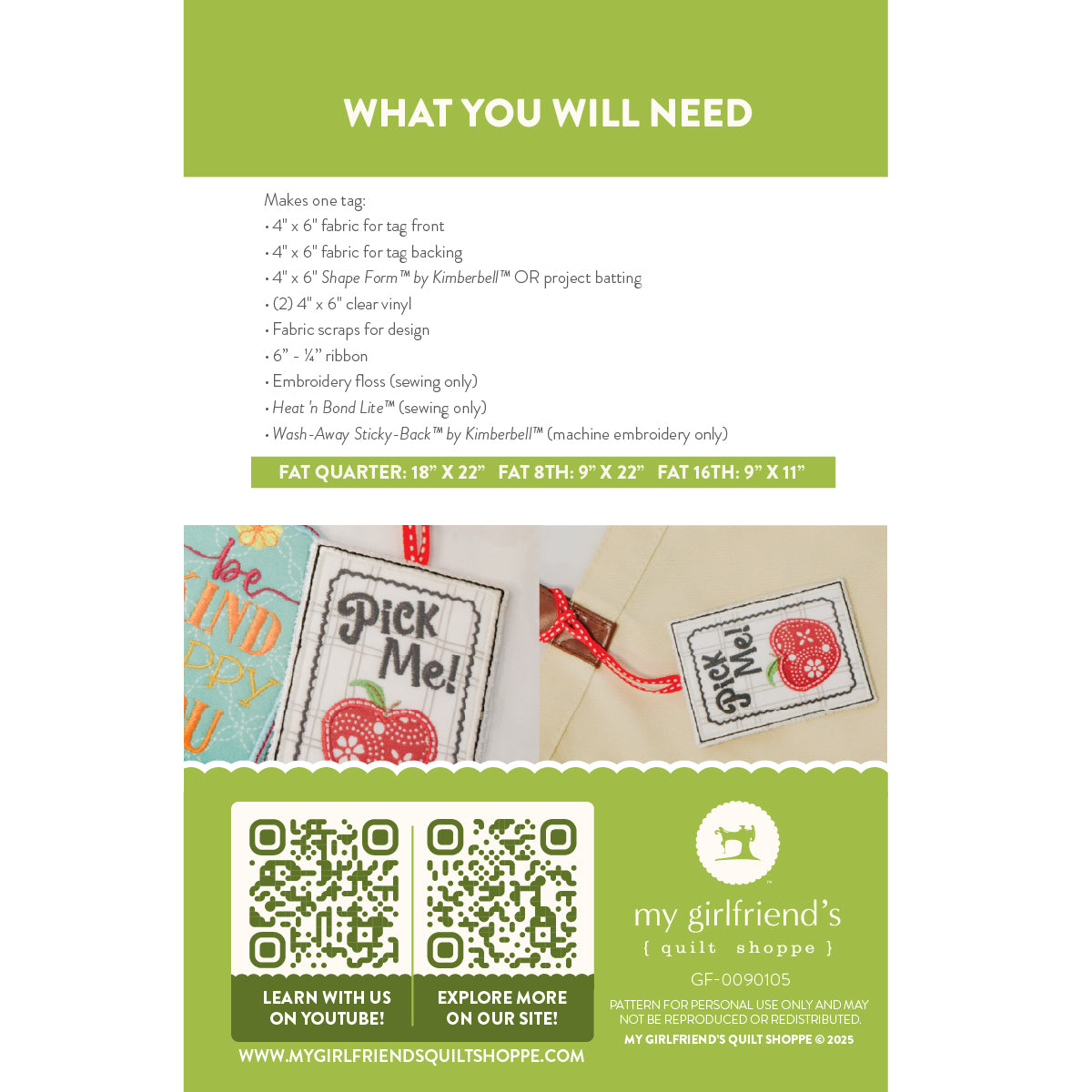 Instructions for making a fabric tag with images of tags and a QR code at the bottom.