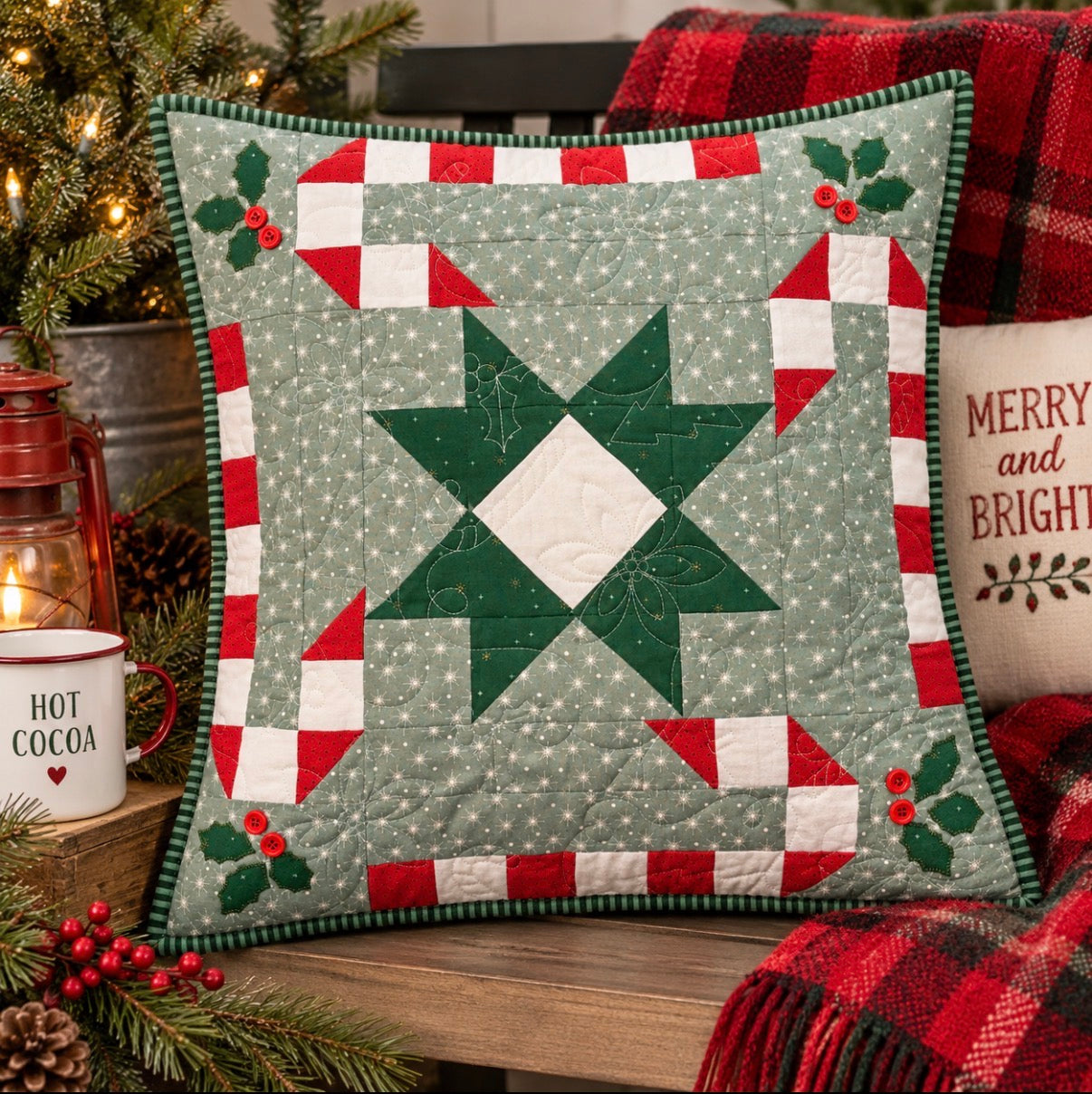 A square quilted throw pillow with a Christmas star design, styled on a wooden table next to a lit candle, a mug, and holiday greenery. The pillow features a sage green star field with white stars, a dark green central star, and a red and white striped border with holly accents.