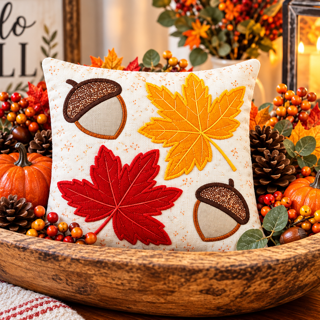 A square decorative throw pillow with an autumn theme, featuring embroidered red and orange maple leaves and brown acorns on a cream background. The pillow is styled in a rustic wooden bowl surrounded by fall decorations including pumpkins, pinecones, and berries.