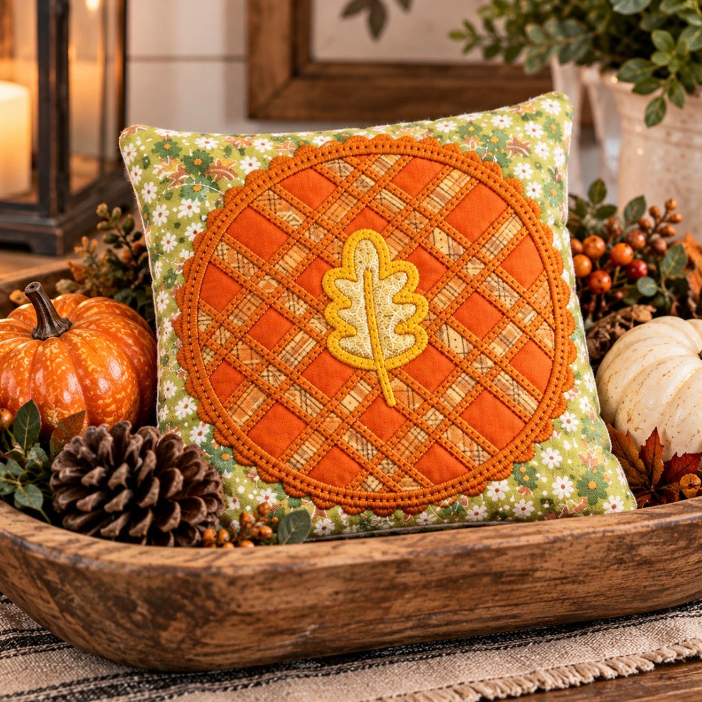 A decorative square throw pillow with an autumn theme, featuring a central orange circular patchwork design with a yellow embroidered oak leaf, set in a rustic wooden bowl with pumpkins and pinecones.