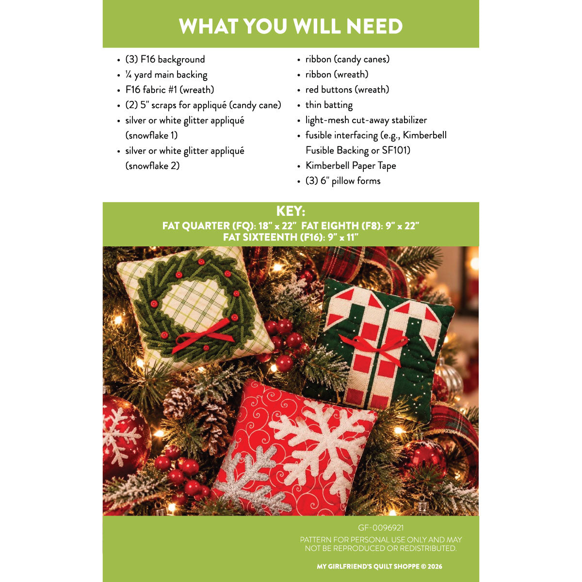 A flat informational sheet listing the materials needed for a Christmas ornament kit, including fabric, ribbon, glitter, and backing tape, with a key size reference and a photo of assembled decorated ornaments below.