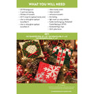 A flat informational sheet listing the materials needed for a Christmas ornament kit, including fabric, ribbon, glitter, and backing tape, with a key size reference and a photo of assembled decorated ornaments below.