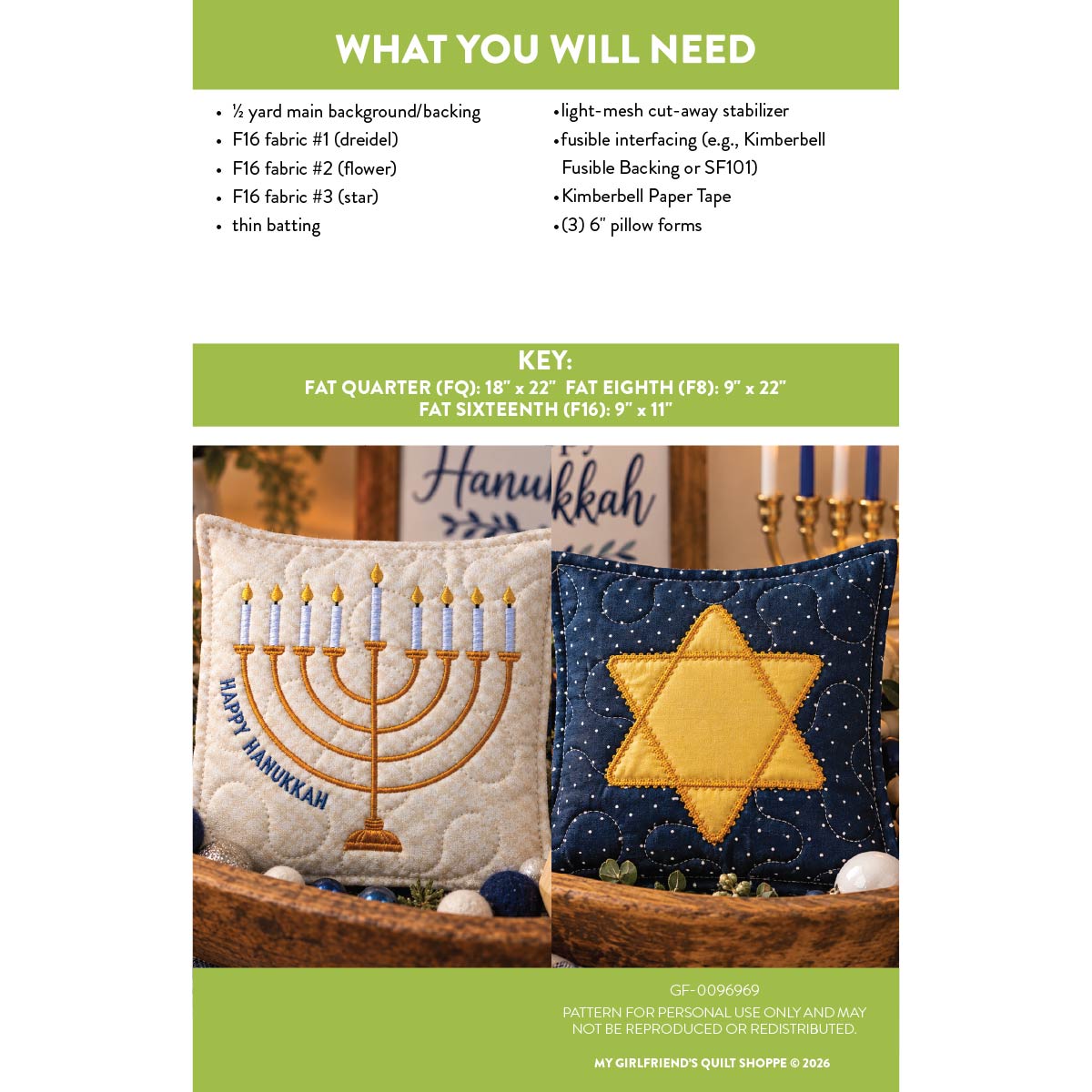 A product information graphic for a Hanukkah quilting pattern, listing materials and a key with photos of two finished embroidered pillows. The left pillow is cream with a gold menorah and 'Happy Hanukkah' text, and the right pillow is navy with a gold Star of David.