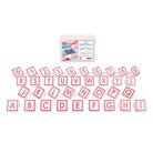 Alphabet and number craft letter tiles arranged on a white background, with their retail packaging box visible in the upper center.