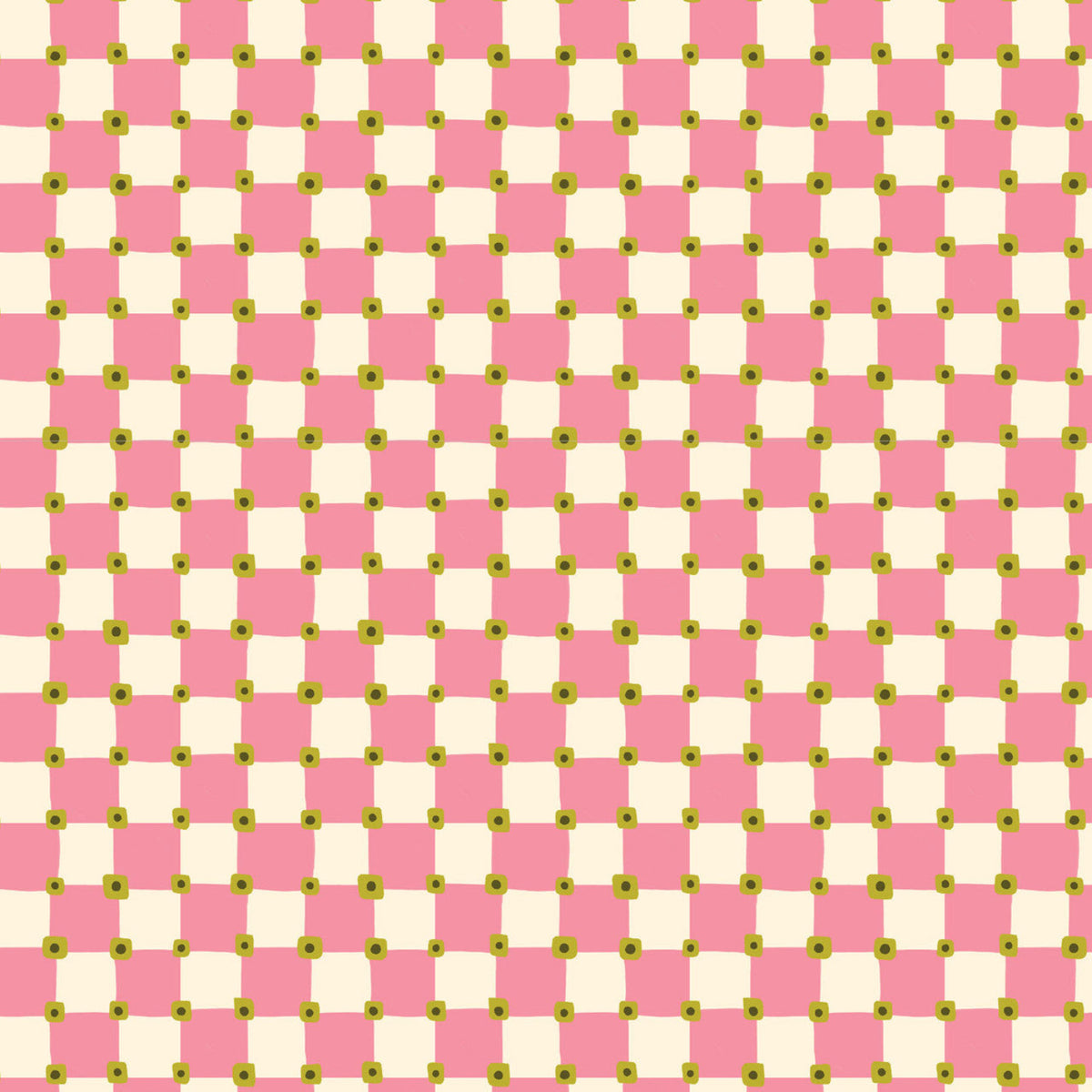 Checkered pattern with pink and beige squares and yellow dots on a white background