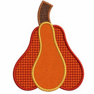 A stylized embroidered autumn pear design with a brown houndstooth stem, orange center, orange outer body, red border, and gold embroidered trim, shown on a plain white background.