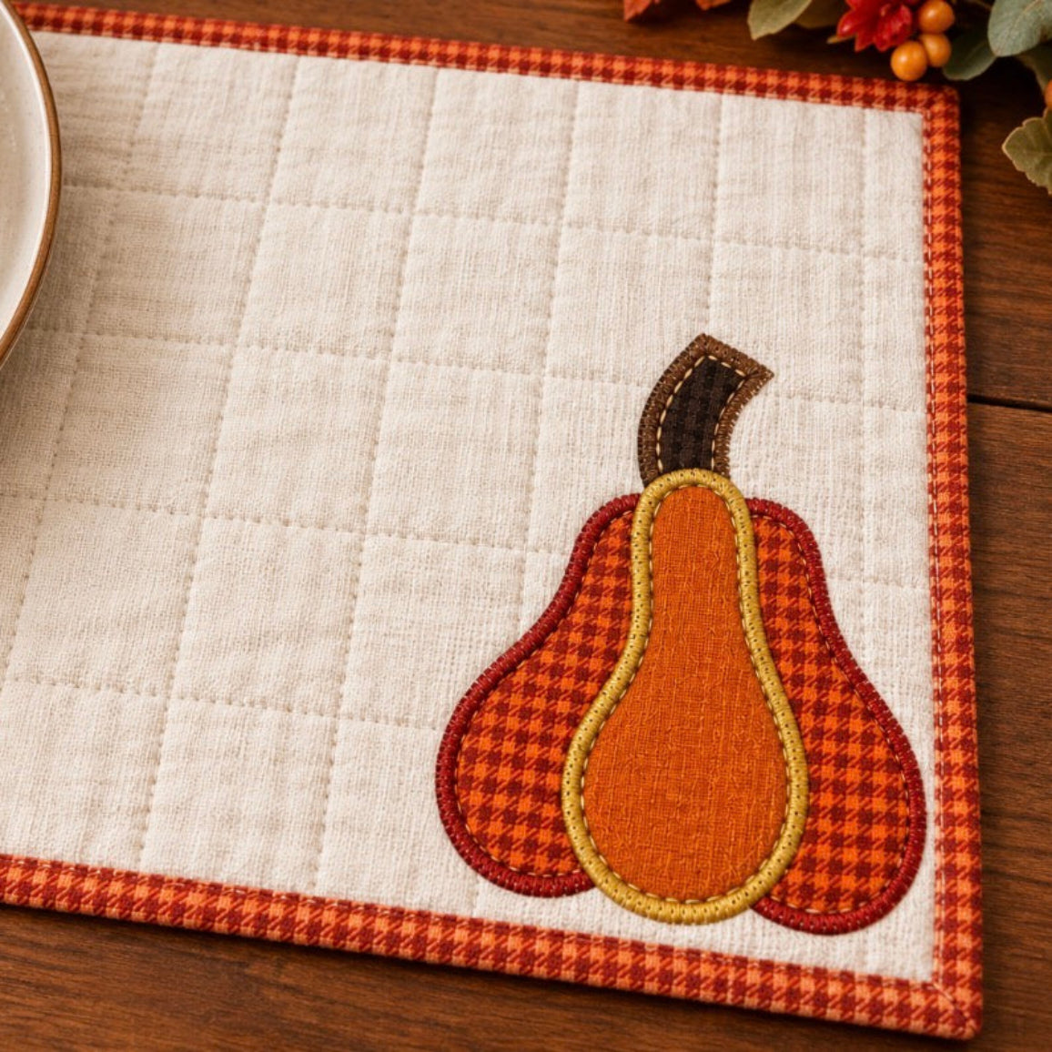 An autumn-themed quilted placemat on a wooden table, featuring a stitched pear design in orange, red, and yellow on the bottom right, with a red-and-white gingham border. A folded orange-and-white checkered napkin and stacked plates are placed on the left, with decorative berries in the corners.