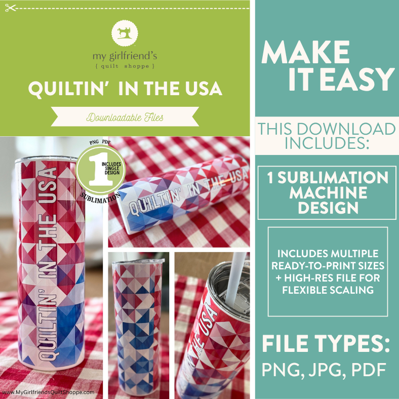 Promotional graphic for 'Quilting in the USA' design download with product images and text.