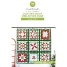Sewing pattern cover for 'Quilter's Stamp Collection Quilt' by my girlfriend's quilt shoppe, showing a completed nine-block quilt with red, green, and white starburst patterns on a white background with the brand logo at the top.