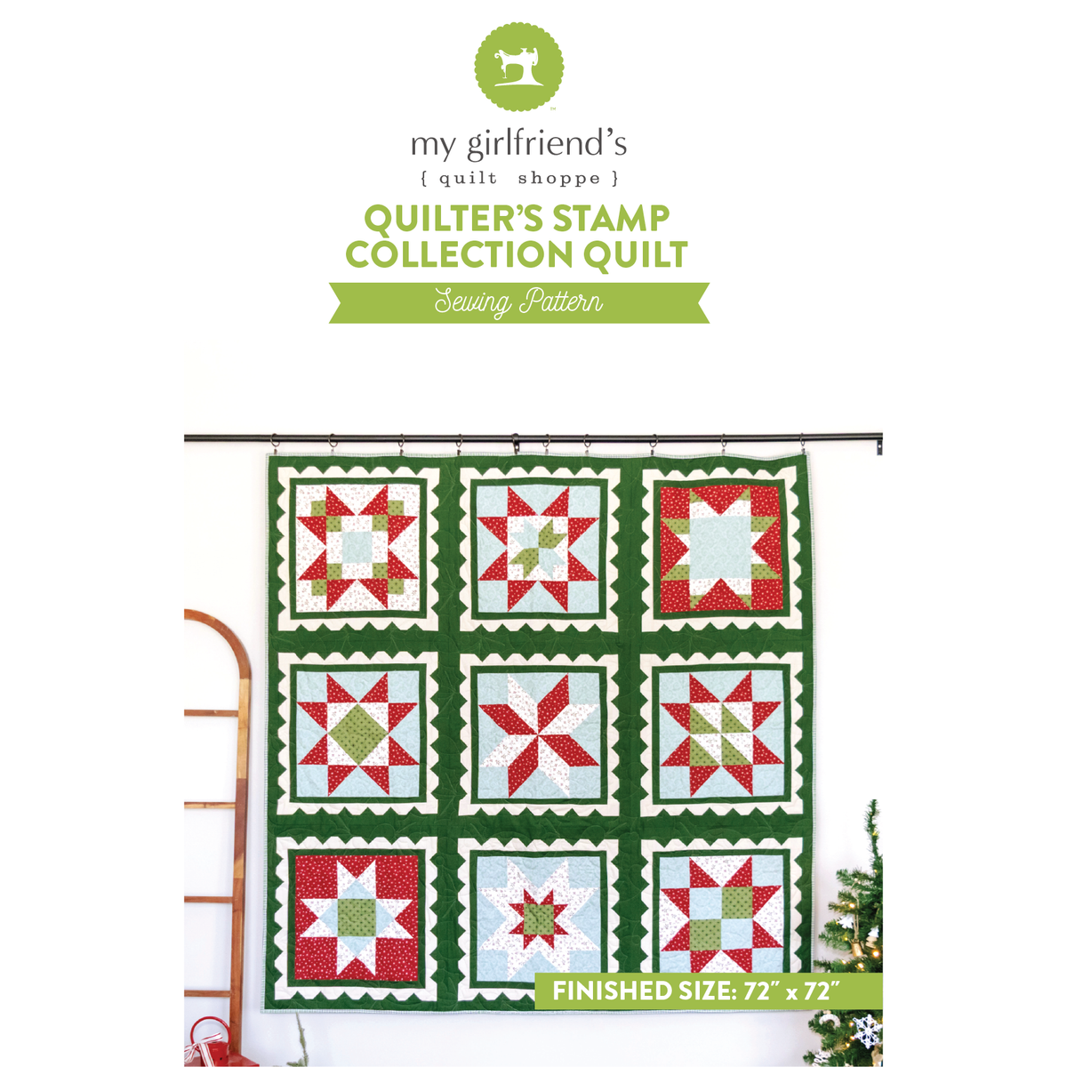 Sewing pattern cover for 'Quilter's Stamp Collection Quilt' by my girlfriend's quilt shoppe, showing a completed nine-block quilt with red, green, and white starburst patterns on a white background with the brand logo at the top.